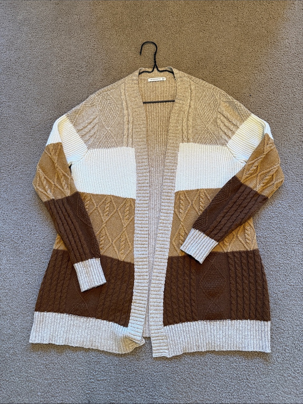 Staccato Neutral Colorblock Cable-Knit Open Cardigan - Cream, Tan, Brown